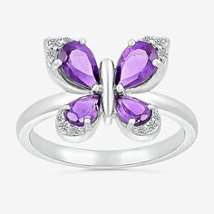 Ring Style: Cocktail RingsSetting: ProngShape: Butterfly, AnimalsStone Cut: PearStone Millimeter Measurement: 6 Mm Length, 4 Mm WidthMetal Color: WhiteRing Top Length: 5.1mmRing Top Width: 11.6mmBand Width: 2mmCare: Wipe CleanStone Type: 4 Genuine Amethyst, 12 Lab Created SapphireAuthenticity: Genuine StoneBirthstone: February BirthstoneMetal: Sterling SilverCountry of Origin: Imported Butterfly Cocktail, 2 Rings, Silver Butterfly, Ring Color, Ring Style, Type 4, Coco Chanel, Cocktail Ring, Purple Amethyst