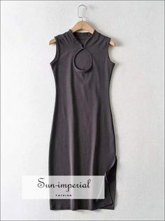 Women Dark Grey Cut out front Sleeveless Midi Dress with Turtle Neck Hook and side Split detail Casual Sleeveless Stretch Bodycon Dress With Side Slits, Casual Sleeveless Midi Dress With Side Slits, Sleeveless Spring Dress With Side Slits, Fitted Sleeveless Bodycon Dress With Side Slits, Fitted Sleeveless Dress With Side Slits For Spring, Sleeveless Bodycon Dress With Side Slits For Summer, Imperial Fashion, Tank Decoration, Table S