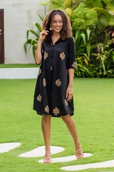 Block-Printed Cotton Blend Shirt Dress - Elegant Effort | NOVICA Fitted Casual Block Print Dress, Casual Daywear Dress With Block Print, Luxury Cotton Block Print Dresses, Patterned Block Print Cotton Dress, One Piece Dress Knee Length, Semi-stitched Cotton Dresses With Block Print, Kurta Pattern, Tunic Style Tops, Silk Kurti