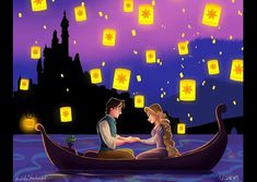 a man and woman in a boat with lanterns floating above