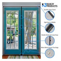 an image of a blue front door with instructions on how to open the glass doors