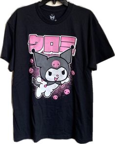 Kawaii Black T-shirt With Letter Print, Black Kawaii T-shirt With Character Print, Kawaii Black Crew Neck T-shirt, Cute Black Short Sleeve T-shirt, Kawaii Black Top With Character Print, Kawaii Black T-shirt With Screen Print, Black Kawaii Top With Character Print, Cute Black Anime Print Tops, Kawaii Black Top For Streetwear