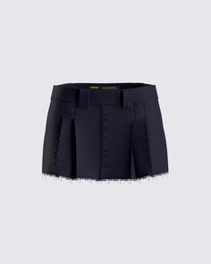 Svetlana Navy Twill Mini Skirt Trendy Short Pleated Skirt For Work, Chic Fitted Shorts With Pleated Hem, Chic Mini Hem Pleated Skirt, Chic Pleated Skort With Mini Hem, Edgy Short Pleated Skirt, Chic Short Skirt With Frayed Hem, Chic Shorts With Pleated Hem, Edgy Cotton Mini Skirt With Frayed Hem, Cotton Mini Skort For Night Out