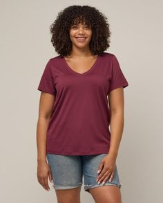 Morgan Merino Wool V-neck Tee - Plum Classic V-neck Relaxed Fit T-shirt, Classic V-neck T-shirt In Relaxed Fit, Classic V-neck T-shirt With Relaxed Fit, Relaxed Fit V-neck Top For Everyday, Solid Color V-neck Everyday T-shirt, Everyday Solid V-neck T-shirt, Solid Color V-neck T-shirt For Everyday, Everyday V-neck Top In Specific Color, Capsule Wardrobe Dresses