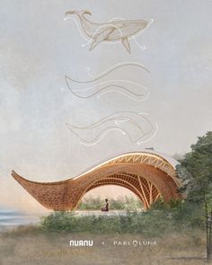 an artistic rendering of a bridge with a man sitting on it and a whale flying overhead