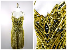 "This is an EXQUISITE vintage mini dress from Lillie Rubin. It's beautifully detailed with glass beading, sequins and jewels and in excellent condition! Bust - 34\" Waist - 26\" Hips - 36\" Length - 38\" Tag Size - Small This dress comes from a pet-free and smoke-free home. If you would like more info or have any questions, please don't hesitate to ask!" Gold Fitted Dress With Beaded Straps, Glamorous Fitted Beaded Dress, Fitted Beaded Mini Dress For Wedding, Vintage Beaded Evening Dress, Fitted Sequin Dress With Beaded Straps For Cocktail, Hand Embellished Fitted Dress For Party Season, Beaded Mini Dress For Wedding And Party Season, Vintage Beaded Dresses For Party Season, Glamorous Fitted Hand-embellished Sequin Dress