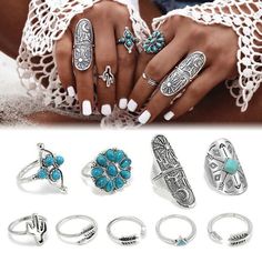 Styling Rings, Fashion Rings Silver, Knuckle Ring, Turquoise Boho, Knuckle Rings, Finger Rings, Turquoise Rings, Fashion Ring, Set Women