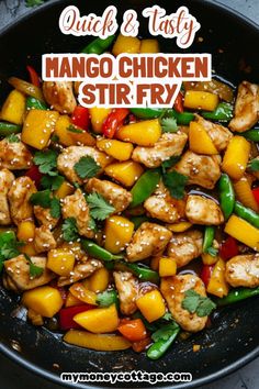 chicken stir fry in a skillet with the words quick and tasty mango chicken stir fry