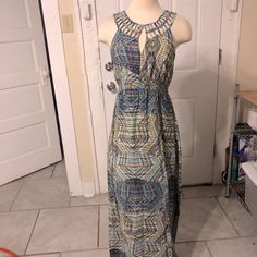 Beautiful Silk Maxi Dress By Charlie Jade. Excellent Condition. Never Worn But Too Late To Return. Lovely Lattice Detail At Neckline. Blue Lined Sundress Maxi Dress, Elegant Patterned Maxi Dress For Beach, Elegant Patterned Beach Dresses, Blue Maxi Dress For Beach, Blue Maxi Dress For The Beach, Silk Maxi, Silk Maxi Dress, Too Late, Lattice