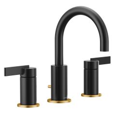 two black faucets with gold accents