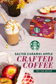 an advertisement for the starbucks caramel apple crafted coffee is displayed on a table