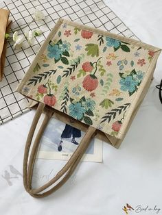 Bird in Bag - Floral Pattern Large Capacity Handbag Tote Spring Square Canvas Bag For Daily Use, Spring Rectangular Canvas Bag For Daily Use, Spring Travel Canvas Bag With Square Shape, Square Canvas Travel Bag For Spring, Spring Large Capacity Rectangular Canvas Bag, Spring Travel Square Canvas Bag, Casual Shoulder Lunch Bag For Daily Use, Casual Beige Lunch Bag For Daily Use, Eco-friendly Large Capacity Shoulder Bag For Errands