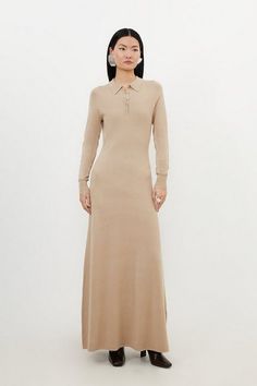 Viscose Blend Polo Knit Collar Maxi Dress | Karen Millen Dress Woth Long Sleeve Under, Knit Collar Dress, Collar Maxi Dress, Summer Bridesmaid Dresses, Polo Knit, Spring Wedding Guest Dress, Figure Dress, Polo Design, Formal Wear Dresses