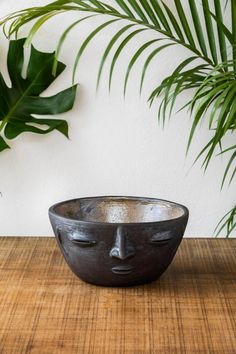 a black bowl sitting on top of a wooden table next to a potted plant