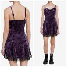 Cosmic Aura Purple Velvet Slip Dress Keep Your Look Gothic And Flirty This Summer In This Purple Crushed Velvet Slip Dress! Featuring Black Lace Trimming Around The Neckline And Hem. Comes With Dainty Bow And Cross Pendant Detailing At The Chest And Adjustable Straps. 93% Polyester; 7% Spandex Wash Cold; Dry Low Stretchy Material Length: 36'' Goth Dresses Short, Cosmic Aura, Purple Goth, Purple Gothic, Hot Topic Dresses, Velvet Slip Dress, Gothic Clothes, Goth Dress, Purple Velvet