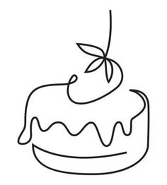 a drawing of a cake with icing and a cherry on top, in black and white