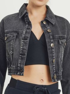 -Cropped denim jacket with ribbed hem -2 front pockets -Raglan sleeves -100% cotton Cropped Black Denim Jacket, Pins And Patches, Just Imagine, Bootie Sandals, Black Espadrilles, Cropped Denim Jacket, Black Denim Jacket, Cropped Denim, Winter Fashion Outfits