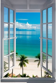 an open window looking out onto the beach with palm trees and ocean in the background