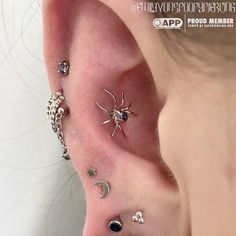 there are many different piercings on this person's ear and behind the ear is a spider