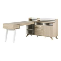 an office desk with two drawers and a shelf