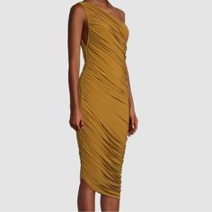 Norma Kamali Diana Women's Gold Mocha Ruched One-Shoulder Dress Size M/38 New With Tags Original Cost $205 Pull-On Style With Interior Bodysuit Asymmetric Hem 95% Polyester/5% Spandex (Very Stretchy) Hand Wash Imported Yellow One-shoulder Evening Midi Dress, Yellow One-shoulder Midi Dress For Evening, Yellow Draped Fitted Dress, Yellow Fitted Draped Dress, Yellow Draped Ruched Dress, Yellow Draped Dress With Ruched Details, Yellow One-shoulder Dress For Night Out, Yellow Ruched Maxi Dress For Party, Yellow Draped Dress For Spring