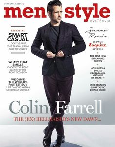 the cover of men's style australia magazine featuring colin farell, wearing a suit and tie