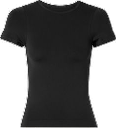 Solid Seamless Elastane T-shirt, Seamless Solid Elastane T-shirt, Basic High Stretch Crew Neck Activewear, Basic High Stretch Activewear With Crew Neck, Athleisure Snug Fit Crew Neck T-shirt, Snug Fit Crew Neck Athleisure T-shirt, Snug Fit Crew Neck T-shirt Athleisure, Fitted Jersey T-shirt For Sports, Black High Stretch Crew Neck T-shirt