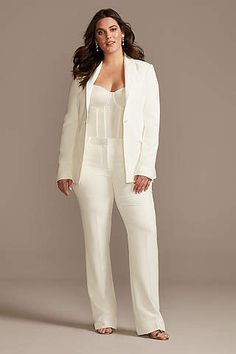 View Not Applicable Not Applicable Wedding Dress at David's Bridal Pantsuit Wedding, Plus Size Suit, White Wedding Suit, Wedding Pants, Women Suits Wedding, Satin Shawl