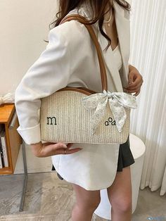 OrcaJump - Straw Underarm Bag with Exquisite Letter Embroidery and Bow Decoration Season Activity, Letters Style, Text Letters, Seasons Activities, Vacation Bag, Letter Embroidery, Underarm Bag, Olivia Mark, Straw