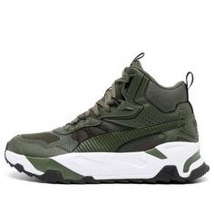 PUMA Trinity Mid Hybrid Sneakers 'Myrtle' 392327-02 Outdoor Lace-up Basketball Shoes With Cushioned Footbed, Green Lace-up Sneakers For Outdoor Activities, Urban Outdoor Basketball Shoes, Sporty High-top Sneakers With Round Toe For Hiking, Green Athleisure Running Shoes For Outdoor, Sporty High-top Sneakers For Hiking, Breathable Casual High-top Sneakers For Outdoor Activities, Breathable Casual High-top Sneakers For Outdoor, Urban Green High-top Sneakers With Laces