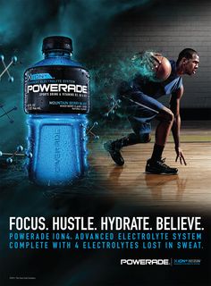 an advertisement for the powerade water bottle with a man running in front of it