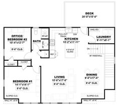 the first floor plan for a two bedroom house with an attached kitchen and living room