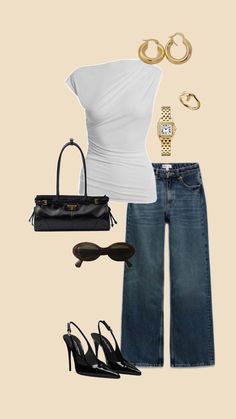 a woman in white shirt and jeans is wearing black high heeled shoes with gold accessories