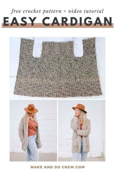 the easy crochet cardigan pattern is shown in three different pictures, including one with