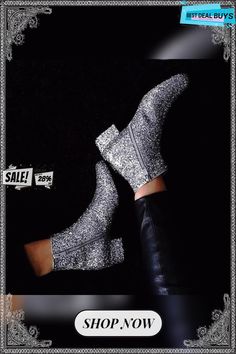 Casual Fashion Sequins Solid Boots Round Toe Booties For Fall Parties, Fall Party Booties With Round Toe, Trendy Flat Heel Boots For Party, Winter Party High Ankle Booties, Trendy Flat Heel Party Boots, Glamorous Fall Closed Toe Boots, Glamorous Closed Toe Boots For Fall, Fall Party Ankle Booties, Winter Party Ankle Booties