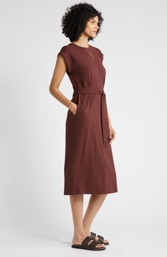 A tied waist adds soft structure to an endlessly wearable knit dress perfected with a pair of discreet pockets. 47 1/2" length (size medium) Crewneck Short sleeves Side-seam pockets Removable sash 93% cotton, 7% spandex Machine wash, tumble dry Imported Brown Cotton Midi Dress For Work, Casual Brown Belted Dress, Relaxed Fit Dresses With Tie Waist For Work, Relaxed Fit Workwear Dresses With Tie Waist, Casual Brown Belted Midi Dress, Fitted Brown Dress With Tie Waist, Brown Fitted Dress With Tie Waist, Brown Midi Dress With Tie Waist, Brown Knee-length Relaxed Fit Dress