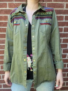 Gorgeous lightweight Southwestern style Jacket. Great for Coachella or Glastonbury! Marked Medium. Measurements- Pit to pit: 18.5 in. Waist: 37 in. Length: 24 in. Embellished Army Jacket, Multicolor Embroidered Denim Jacket With Pockets, Green Embroidered Cotton Outerwear, Aztec Denim Jacket, Southwestern Jacket, Aztec Pattern, Southwestern Style, Utility Jacket, Hunter Green