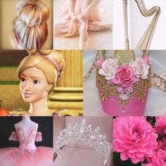 there is a collage of pictures with pink flowers and princesses in them, including a harp