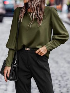 Long Sleeves Loose Buttoned Round-Neck Blouses & Shirts Tops ARMY GREEN-XL Lantern Sleeved Blouses, Spring Blouses, Winter Shirts, Women Office, Mode Design, Loose Outfit, Solid Clothes, Green Shirt, Lantern Sleeves