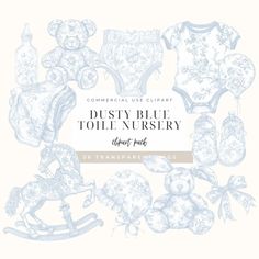 an image of baby clothes and teddy bears with the words dusty blue toile nursery