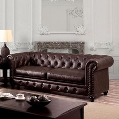 Stanford Brown Sofa- Chesterfield-Inspired Leatherette Sofa, Traditional Loveseat, Transitional Sofa, Ornate Furniture, Tufted Cushion, Brown Sofa, Living Room Set, Furniture Of America, Nailhead Trim