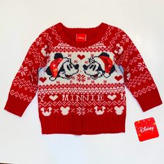 Nwt Disney Unisex Sweater Mickey And Minnie Christmas Sweater Sequin Santa Hats Red And White 100% Acrylic Sweater Size 12m Playful Mickey Mouse Winter Tops, Playful Mickey Mouse Winter Top, Playful Mickey Mouse Top For Winter, Disney Holiday Tops For Winter, Disney Style Holiday Tops For Winter, Disney Christmas Sweater, Frozen Sweater, Baby Boy Disney, Nightmare Before Christmas Sweater