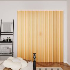 a room with a bed, ladder and wooden slats on the wall behind it