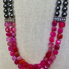 Bright pink glass beads and gray metal beads long necklace, stunning necklace, unique gift, art deco. No earrings Ready to ship from California ! Elegant Silver Hematite Beaded Necklaces, Pink Large Beaded Long Necklace, Pink Long Necklace With Large Beads, Elegant Pink Beaded Necklaces With Round Beads, Pink Jewelry With Silver Beads For Party, Pink Beaded Long Necklace, Long Pink Necklace With Large Beads, Long Pink Beaded Necklace With Faceted Beads, Elegant Pink Beaded Necklace With Round Beads