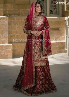 Pakistani Embellished Red Bridal Sharara Dress Bridal Sharara Pakistani, Bridal Sharara, Sharara Dress, Pakistani Bridal Dress, Red Bridal Dress, Beautiful Bridal Dresses, 3 Piece Outfit, Stylish Wedding Dresses, Formal Wear Dresses