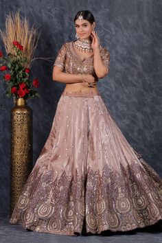 Onion pink flared tissue organza lehenga with spluttered sequin embellishments and Padma bloom gota-sequin embroidery. Paired with a flattering leaf neck blouse with bahar bloom gota-sequin embroidery and a sequin border embellished organza dupatta. - Aza Fashions Sequin Set, Onion Pink, Lehenga Pattern, Organza Embroidery, Organza Lehenga, Sequin Embroidery, Organza Dupatta, Sequins Embroidery, Pink Blouse