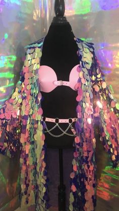 Want to feel like a celestial KWEEN?? Yaaaaas? Than you need this sparkly kimono honey. Perfect for pool parties, nights out, or music festival! Made to order with love. Lining optional. Please list fabric color in comment box at checkout. Top and belt available on website! Please advise, paillete sequins are at high risk of fallout. Must be worn with care. Sequins may fall out if tugged on or worn roughly. Please allow 1-2 weeks to process. Disco Style Winter Festival Outerwear, Winter Festival Disco Outerwear, Sequin Outerwear For Party And Festival, Sequin Outerwear For Party Season And Festivals, Pink Festival Outerwear, Winter Festival Sequined Outerwear, Sequin Kimono, Iridescent Purple, Elastic Ribbon