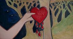 a painting of a woman holding a red heart in front of a tree with blood dripping from it