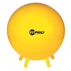 a yellow exercise ball sitting on top of a wooden stand with the word upro written on it