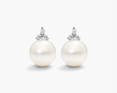 14K White Gold Freshwater Cultured Pearl and Diamond Trio Earrings (9.0-10.0mm). A must in any jewelry collection, this pair of gorgeous 9.0 to 10.0 mm freshwater pearl studs offers a little extra with a dazzling, prong set trio of diamonds for a regal take on a sophisticated staple. Refined White Earrings For Formal Occasions, Spring Style, Pearl Studs, French Style, Prong Setting, Fresh Water, Freshwater Pearls, Spring Fashion, Diamond Earrings